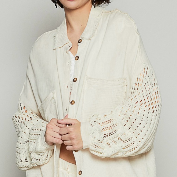 P58. NEW POL Natural Cream Crochet Knit Sleeve Button Down Shirt Cotton - Picture 6 of 9